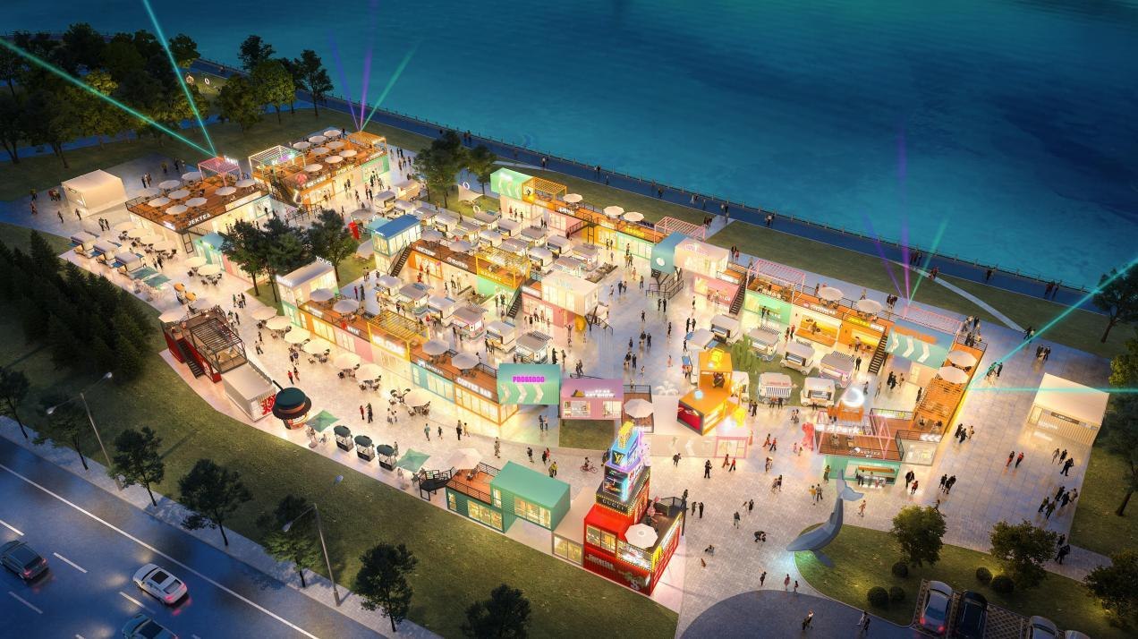 Aerial view of a commercial and leisure destination